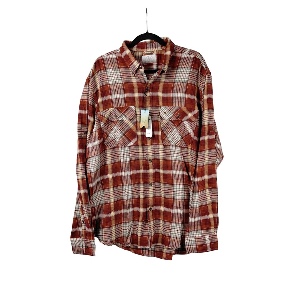 Ocean Coast Mens XL Plaid Button Down Shirt Rust Orange Long Sleeve